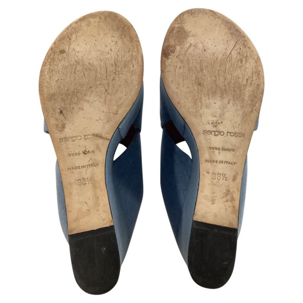 Sergio Rossi Alma Slip-On Wedge Sandals in Blue Cotton Denim - Picture 7 of 10